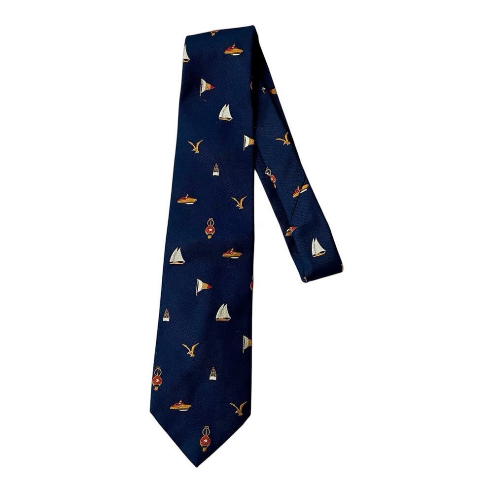 Vintage Ticuna Necktie Nautical Navy Blue Ships Boats Coastal Preppy Coastal